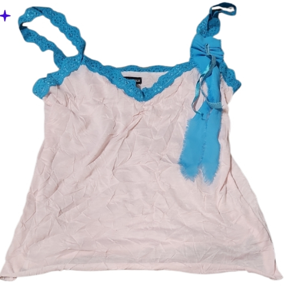 Squeeze Teez Vtg New  Pink Camisole with Blue Lace Trim Jr Lg